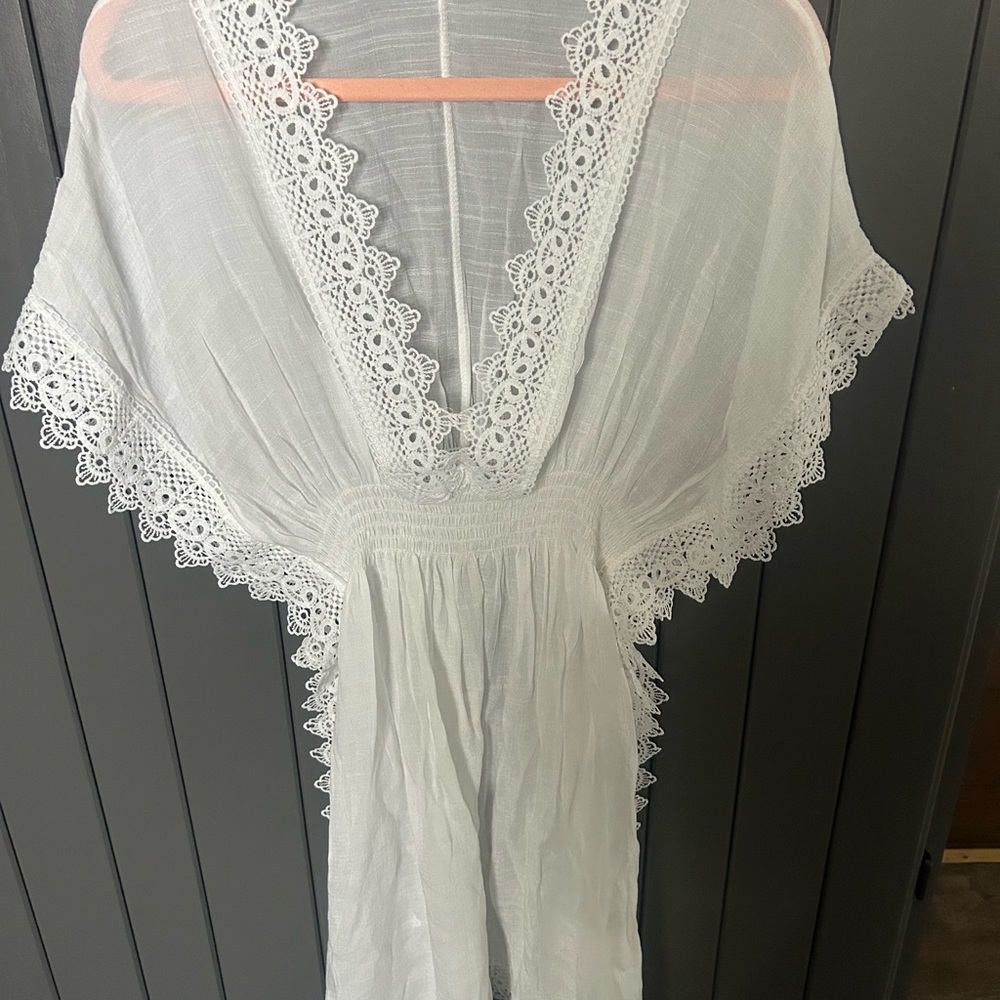 White Lace Trim Gauzy Kimono Cover-Up